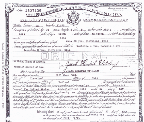 Jacob Hendrik Uitvlugt USA naturalisation document